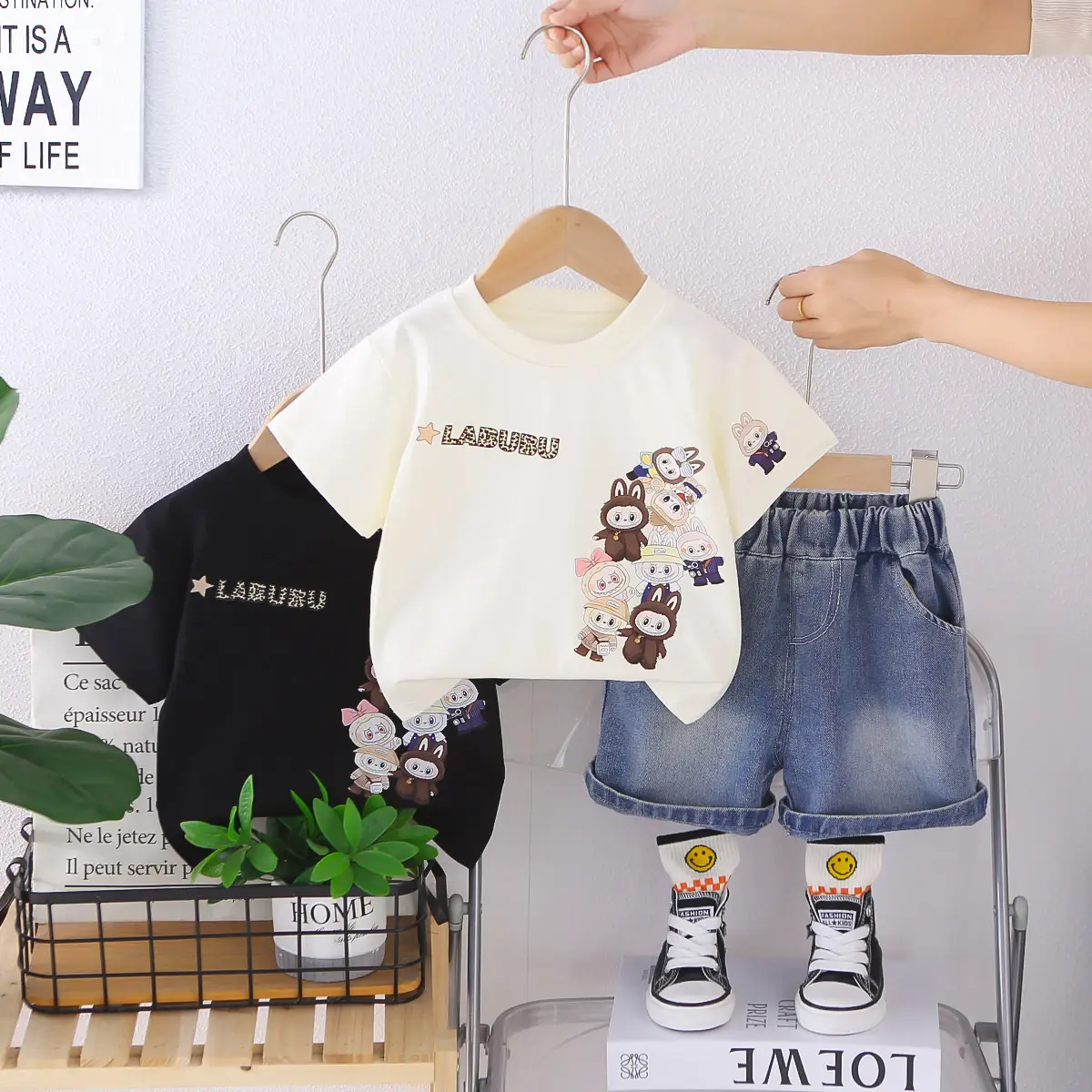 2026 Kids Cartoon T-Shirt Shorts Set White Black Shorts - Image 3