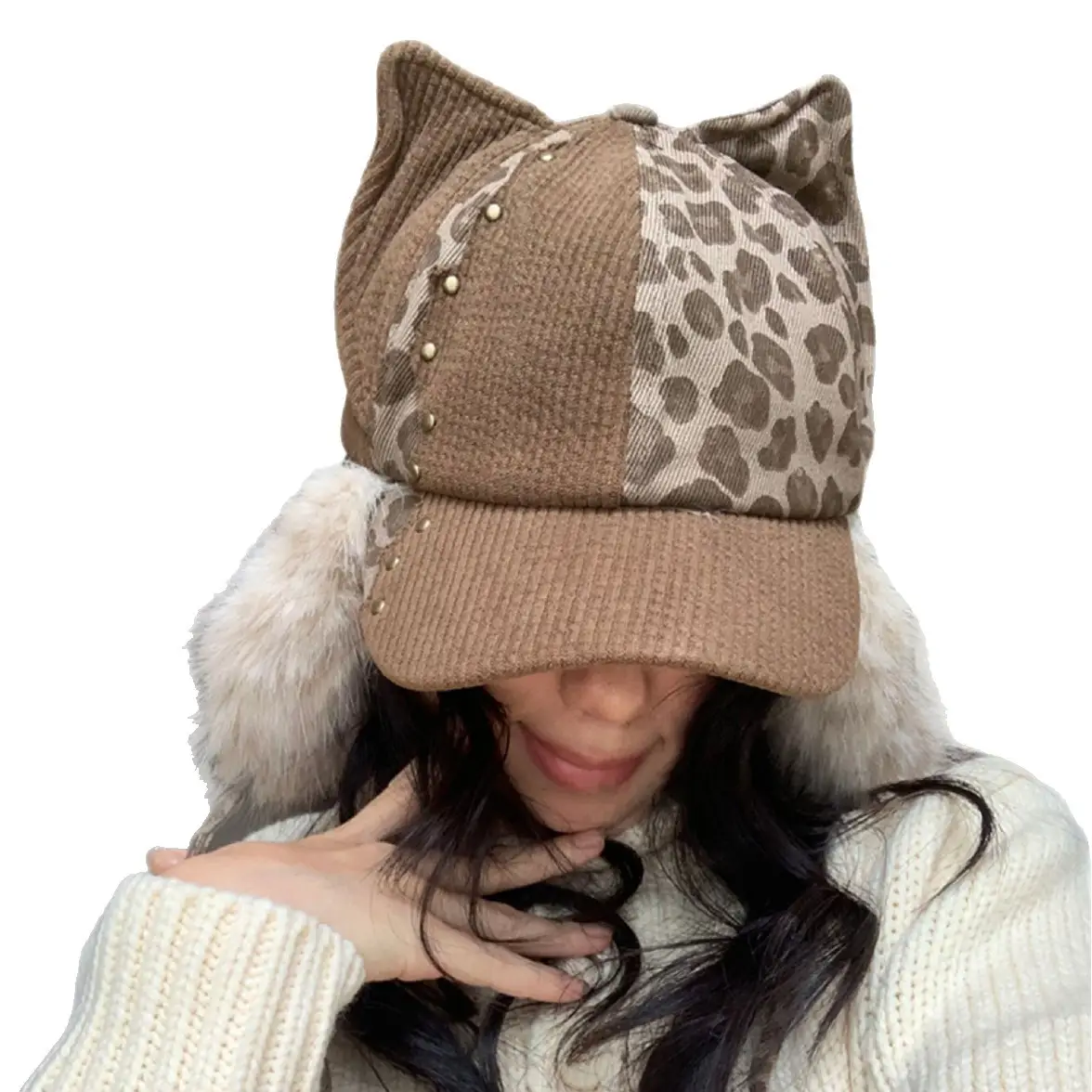 Women's Winter Leopard Print Plush Cat Ear Cap - Image 7