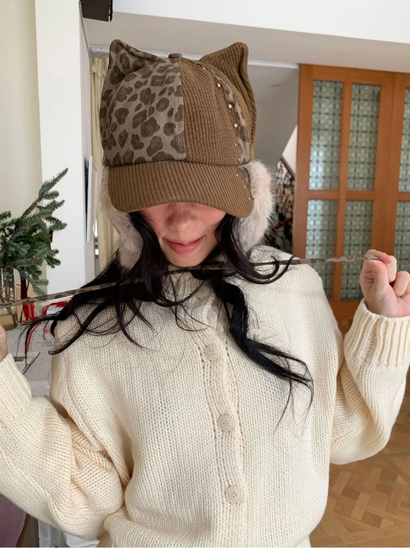Women's Winter Leopard Print Plush Cat Ear Cap — feature 10
