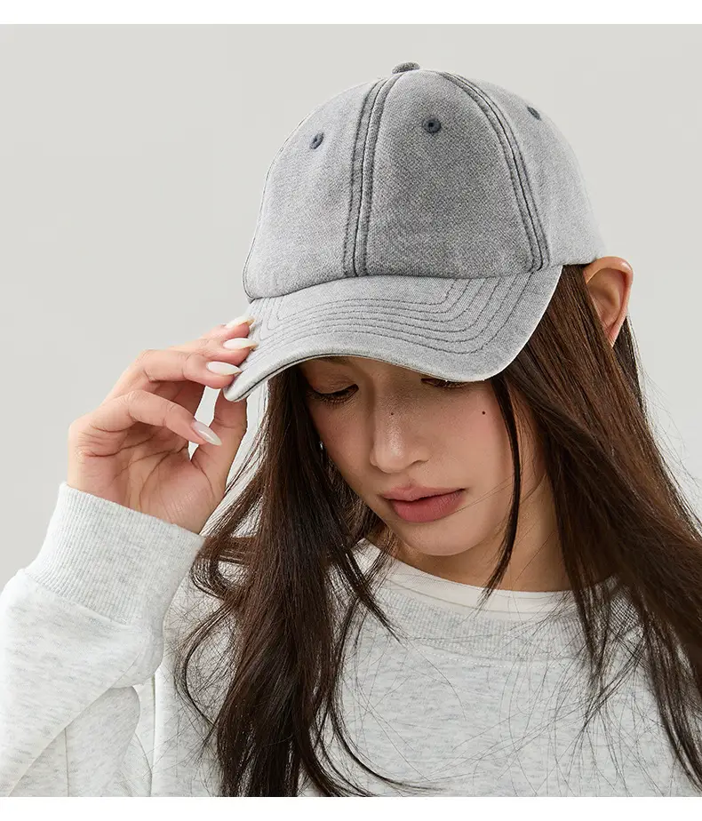 Gray Retro Washed Baseball Cap with Peaked Brim — feature 11