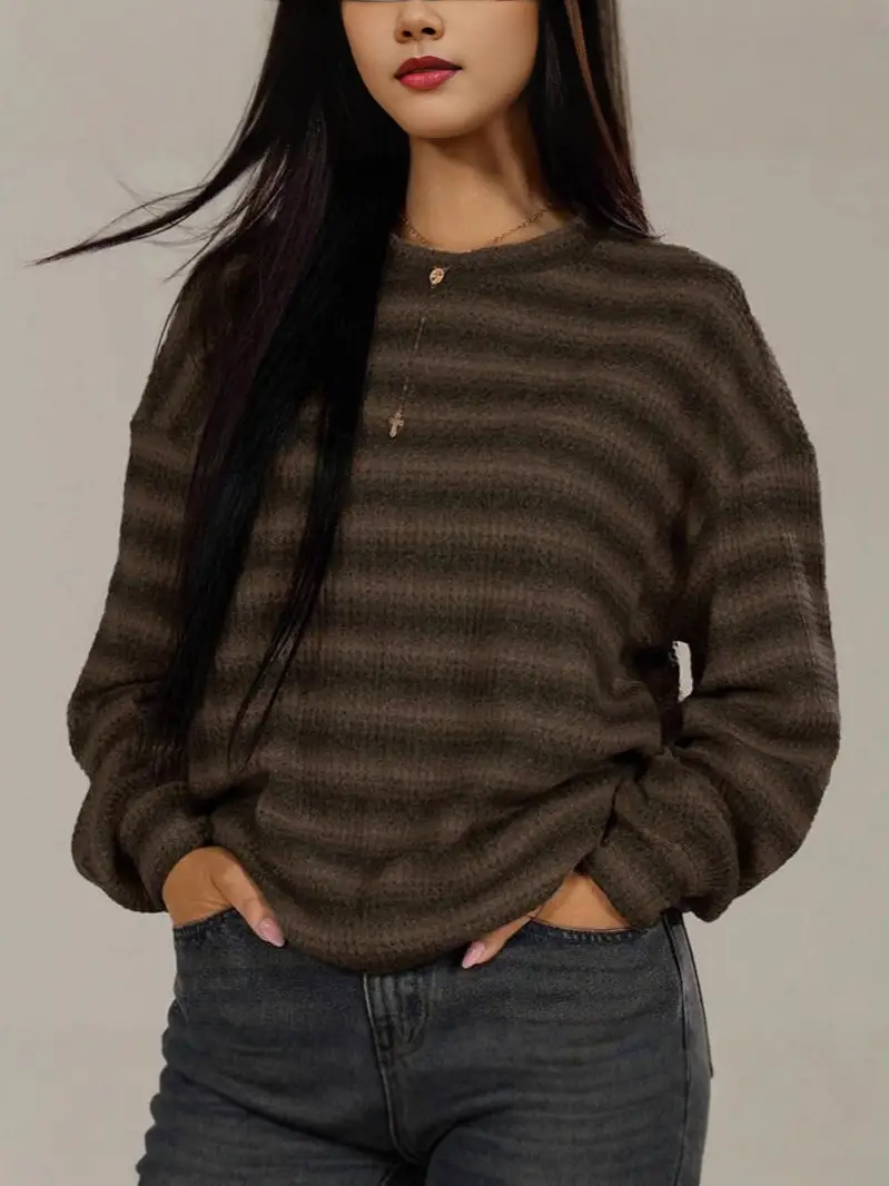 New Cross-Border American Striped Sweatshirt Loose Round Neck - Image 4