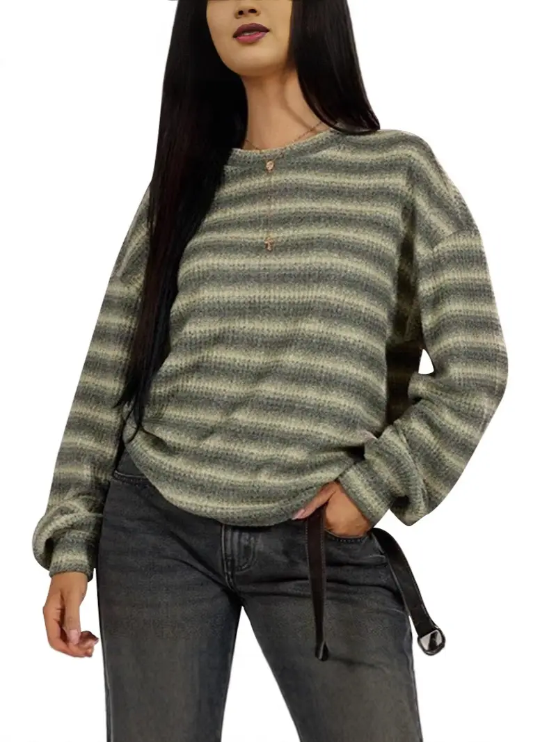 New Cross-Border American Striped Sweatshirt Loose Round Neck - Image 5