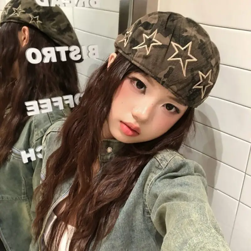 Women American Retro Camouflage Cap Winter Beret Sweet Cool Style - Image 4