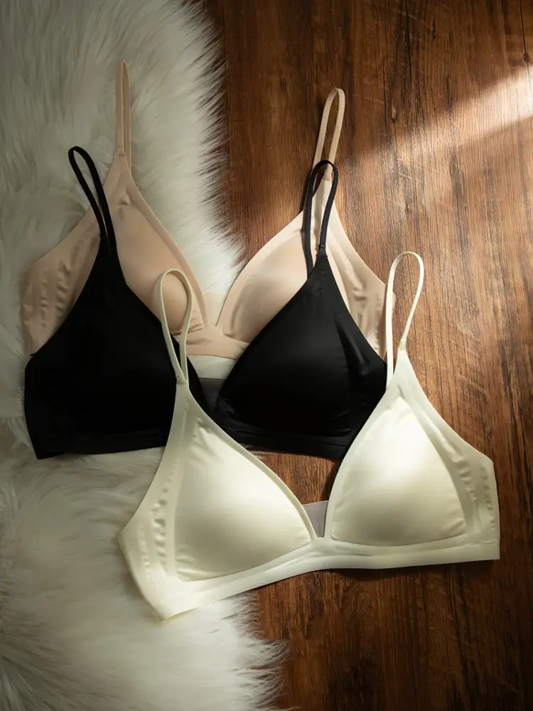 Cynl Milk Satin French Deep V Neck Intimates Women's Summer Spaghetti Straps Seamless Triangle Cup Small Breasts No Rims Thin Bra — feature 1