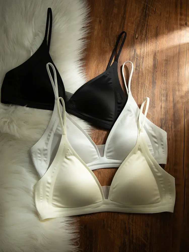 Cynl Milk Satin French Deep V Neck Intimates Women's Summer Spaghetti Straps Seamless Triangle Cup Small Breasts No Rims Thin Bra — feature 17