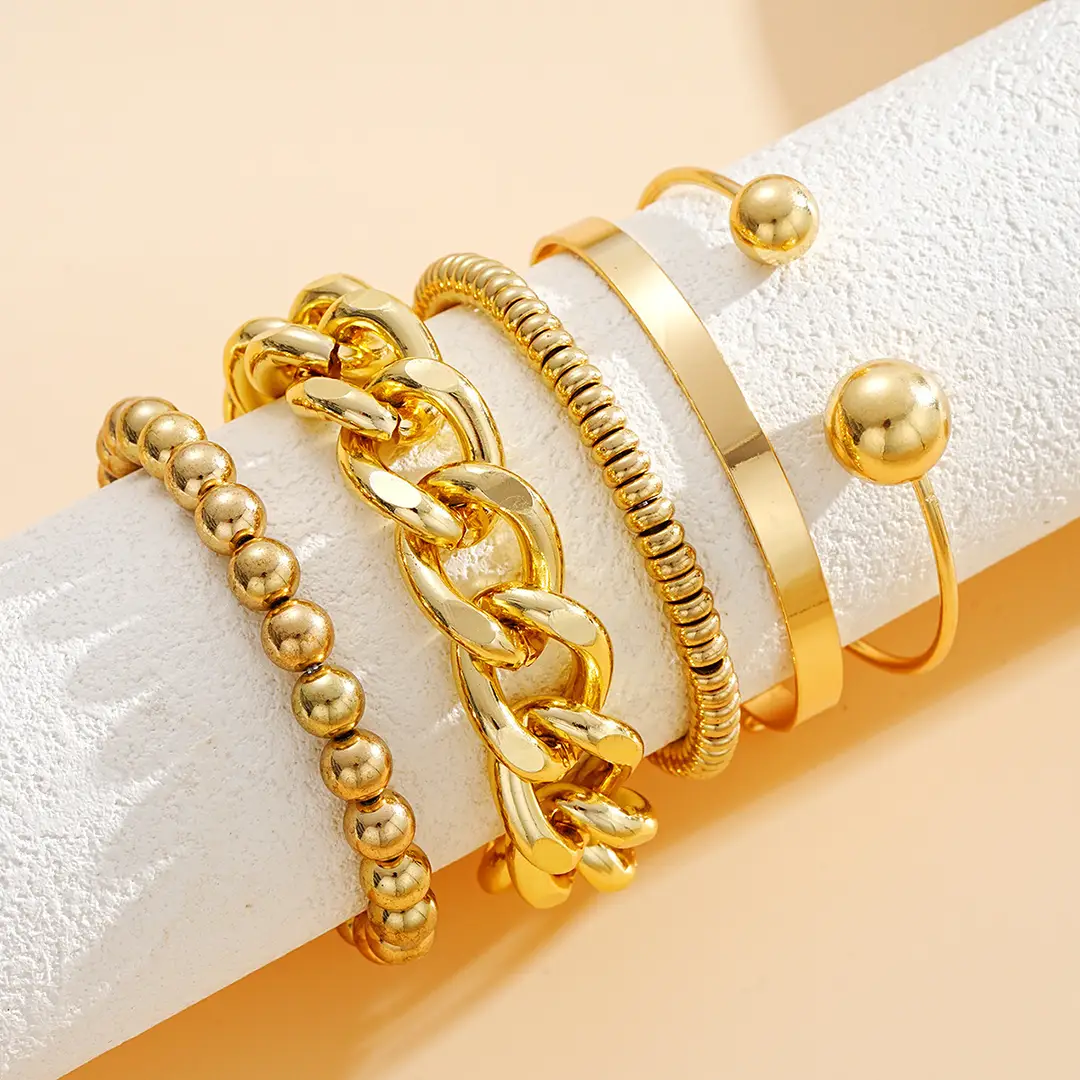European and American Cross-Border New Style Personalized Ins Exaggerated Thick Chain Open Bracelet 5-Piece Set Creative Ball Bead Bracelet Wholesale - Image 3
