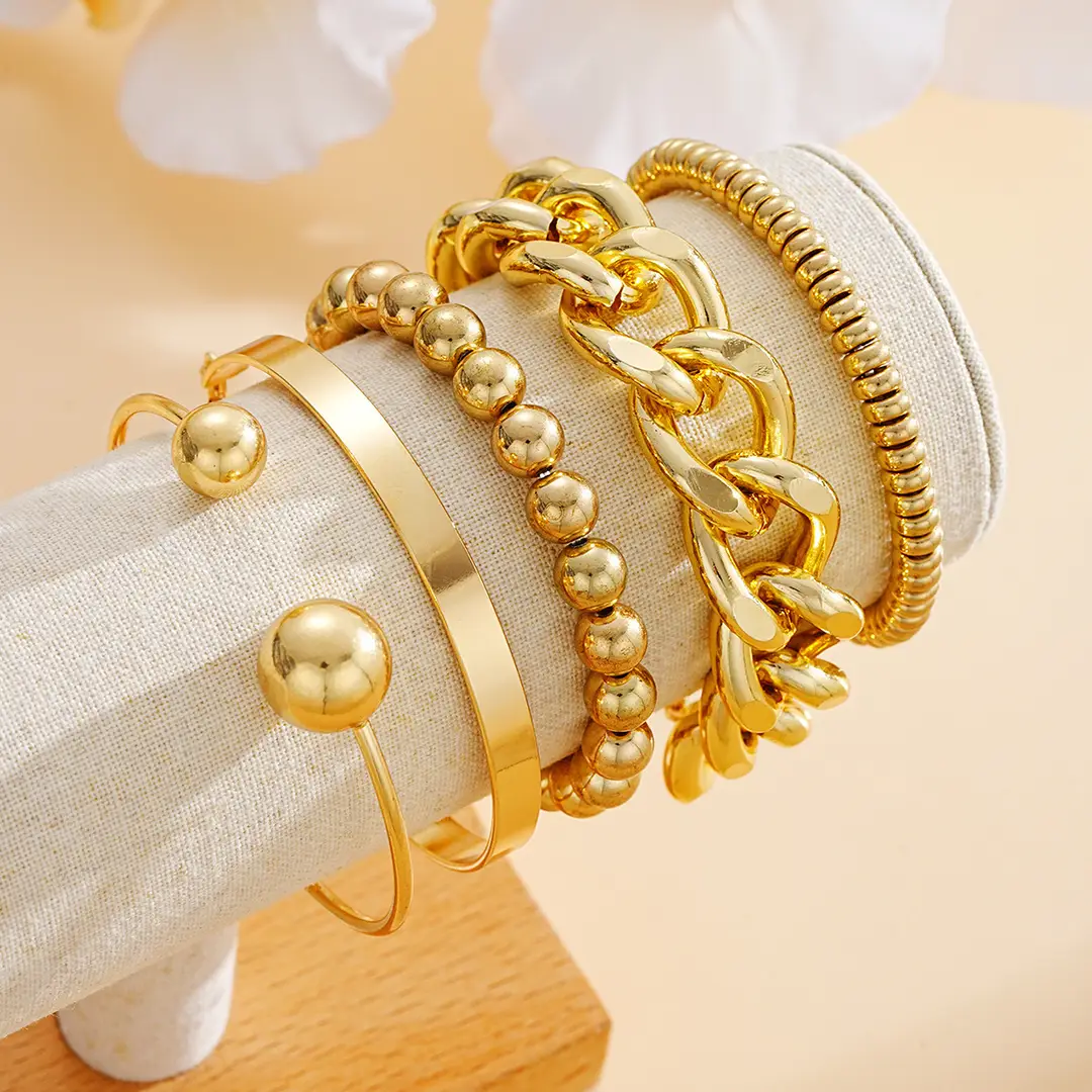 European and American Cross-Border New Style Personalized Ins Exaggerated Thick Chain Open Bracelet 5-Piece Set Creative Ball Bead Bracelet Wholesale - Image 4