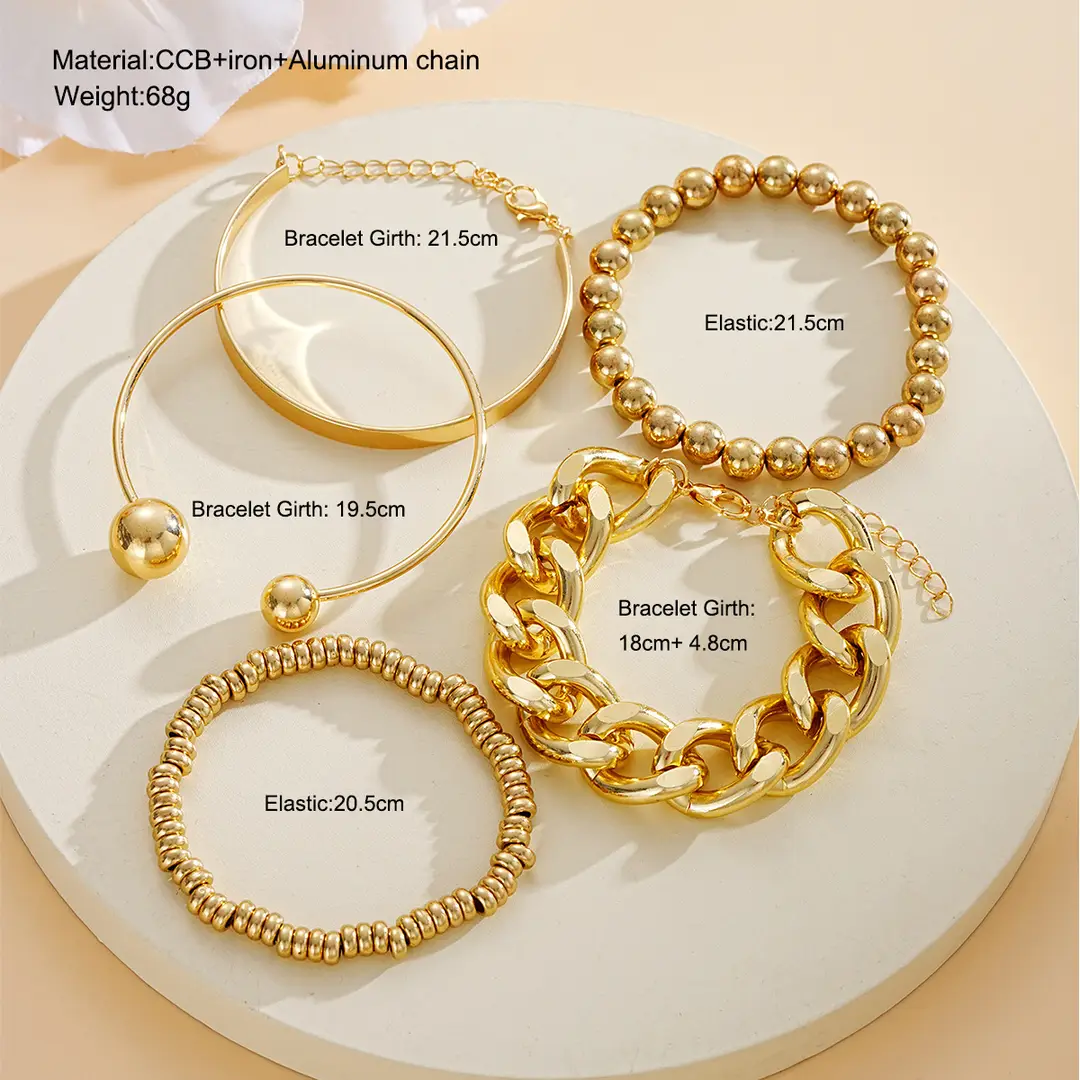 European and American Cross-Border New Style Personalized Ins Exaggerated Thick Chain Open Bracelet 5-Piece Set Creative Ball Bead Bracelet Wholesale - Image 5