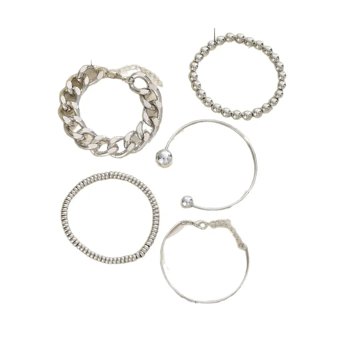 European and American Cross-Border New Style Personalized Ins Exaggerated Thick Chain Open Bracelet 5-Piece Set Creative Ball Bead Bracelet Wholesale - Image 6