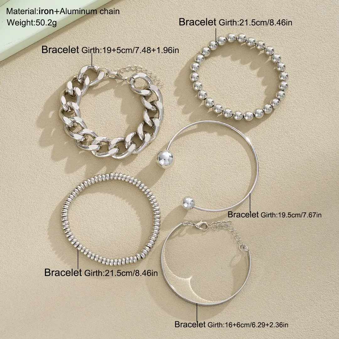 European and American Cross-Border New Style Personalized Ins Exaggerated Thick Chain Open Bracelet 5-Piece Set Creative Ball Bead Bracelet Wholesale - Image 2
