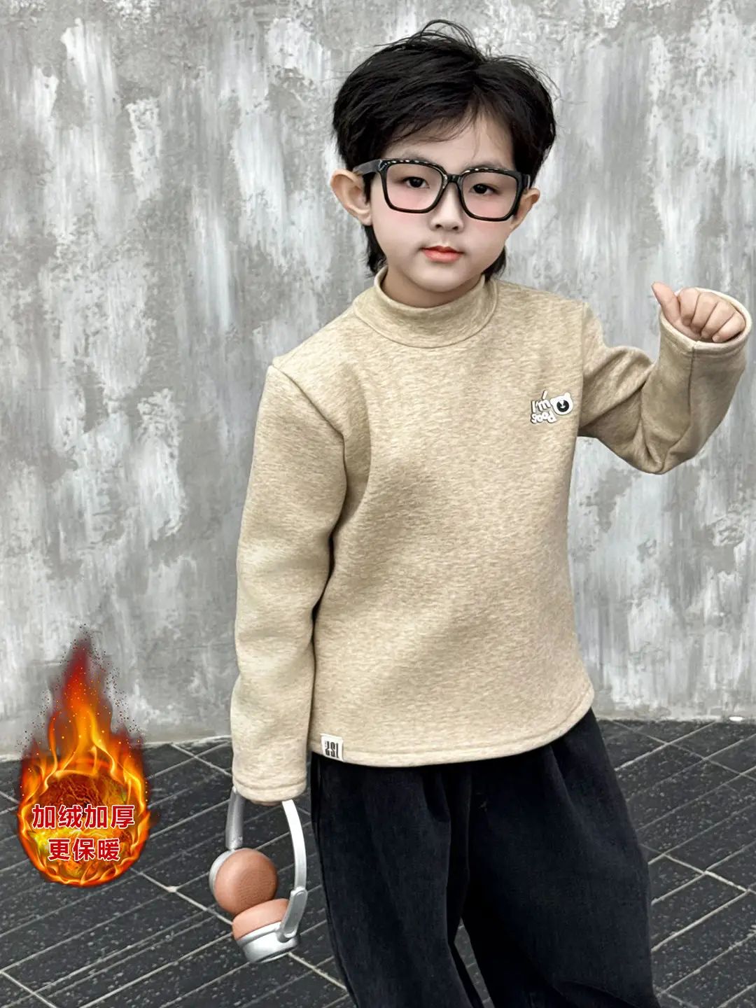 Boys Fleece Turtleneck Winter Top Beige - Image 4