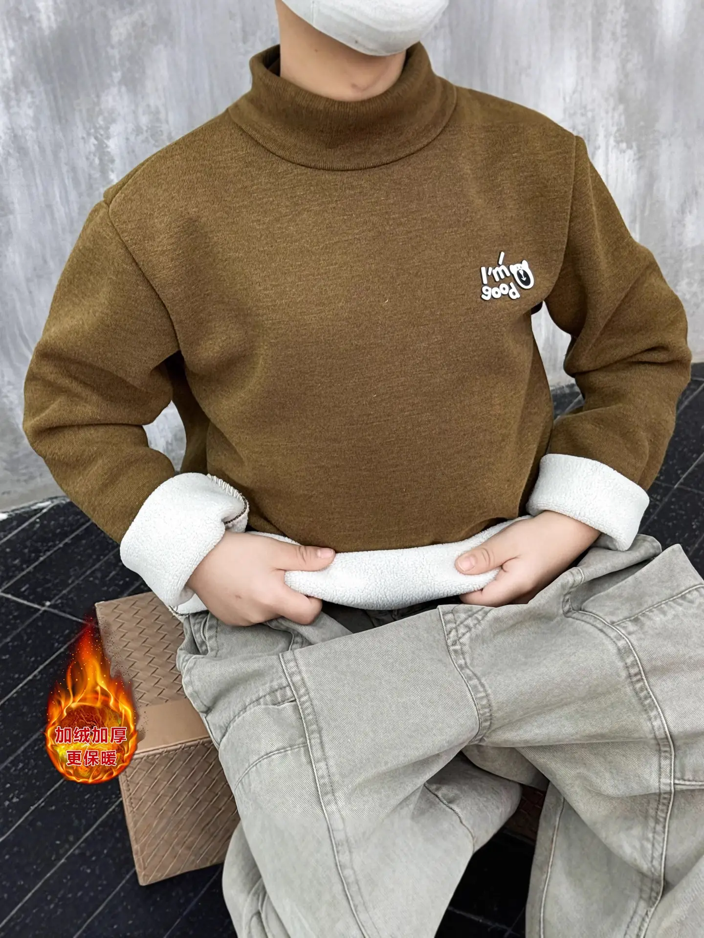 Boys Fleece Turtleneck Winter Top Beige - Image 7