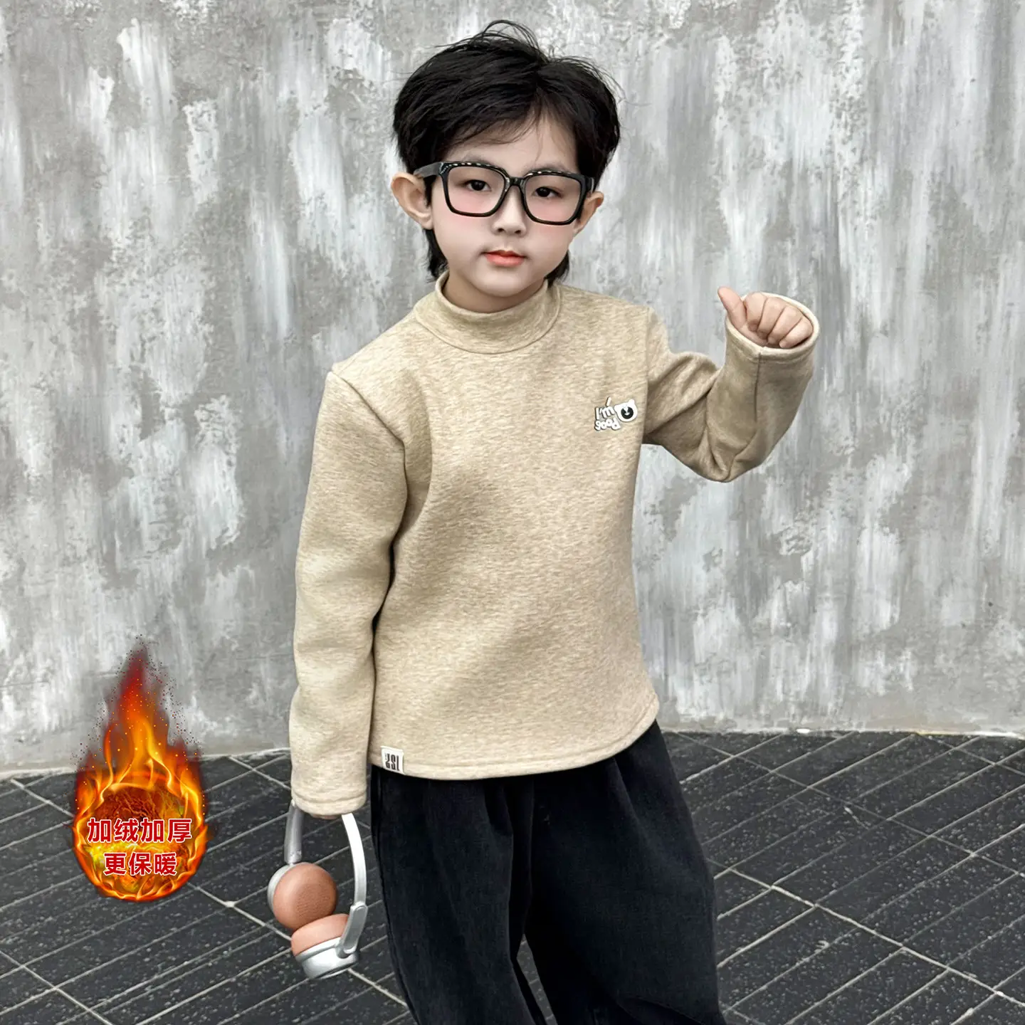 Boys Fleece Turtleneck Winter Top Beige - Image 2