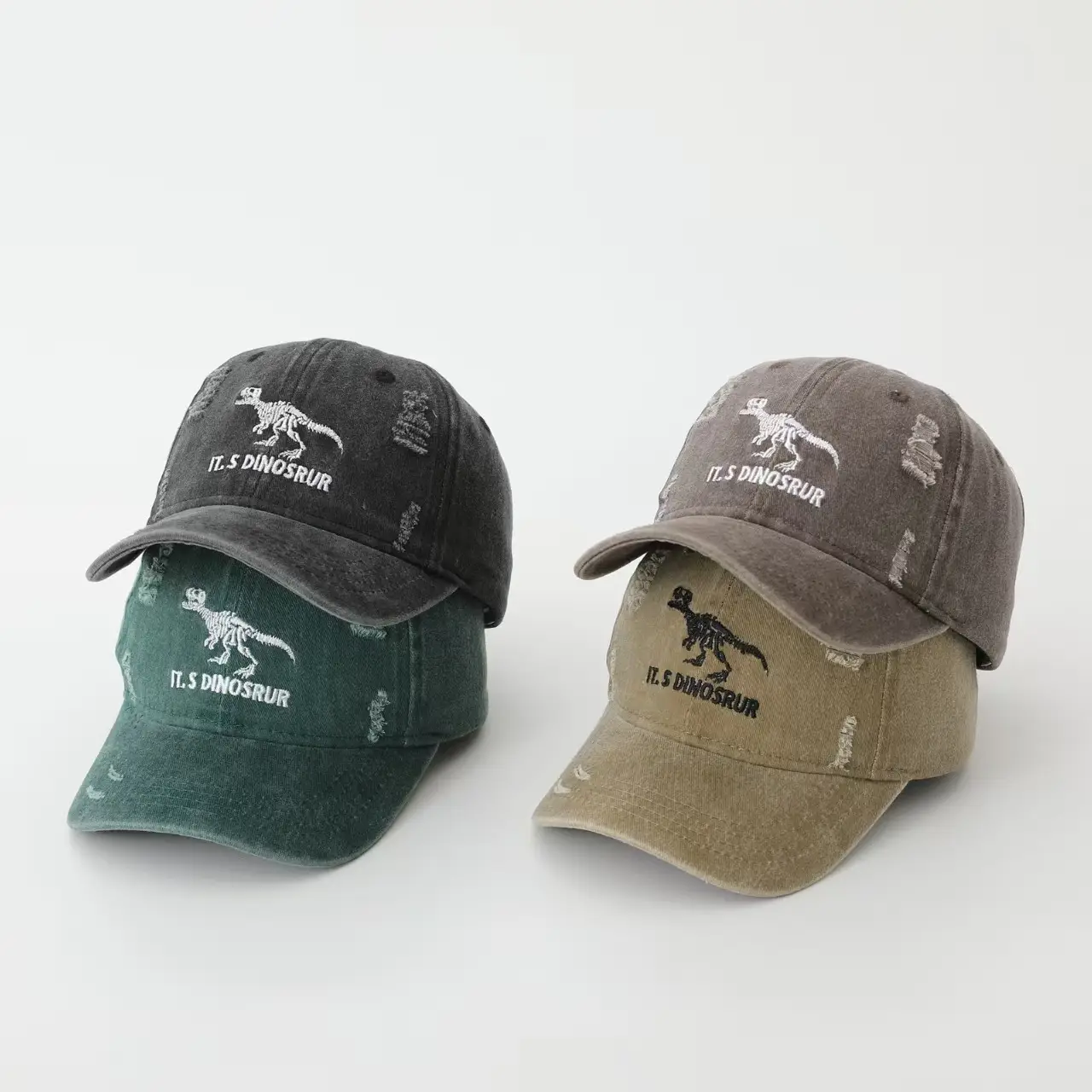 Kids Baseball Caps Korean Fashion Retro Dinosaur Green Gray Beige