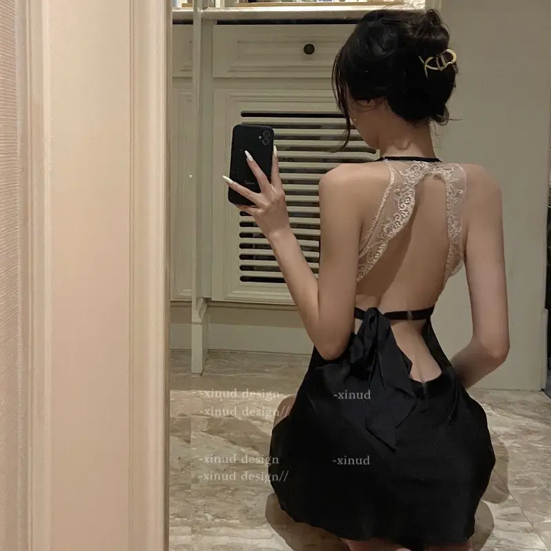 Sexy Lingerie Deep V Halter Neck Nightdress Women Backless Temptation Hot Satin Camisole Nightgown Lace Wholesale Spicy Girl - Image 8