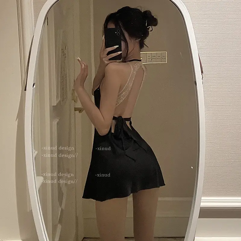 Sexy Lingerie Deep V Halter Neck Nightdress Women Backless Temptation Hot Satin Camisole Nightgown Lace Wholesale Spicy Girl — feature 1