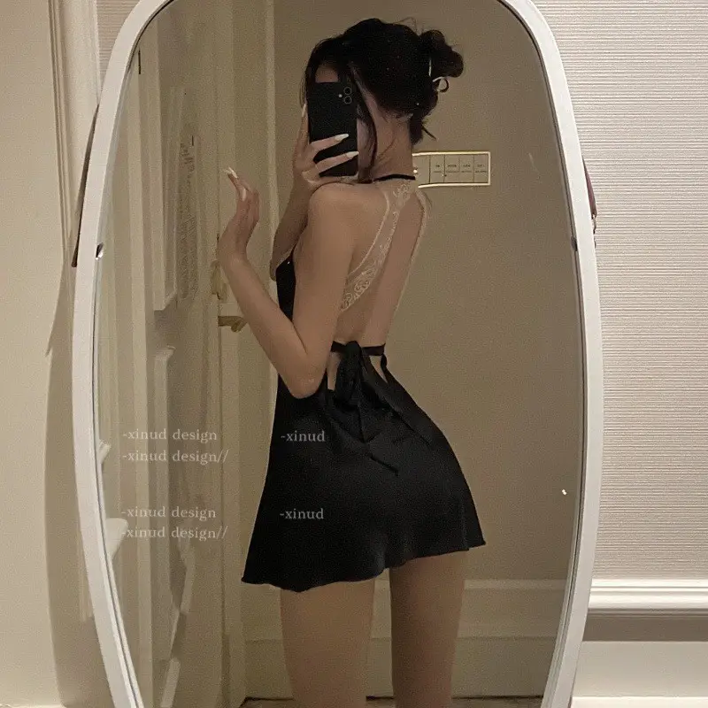 Sexy Lingerie Deep V Halter Neck Nightdress Women Backless Temptation Hot Satin Camisole Nightgown Lace Wholesale Spicy Girl - Image 2