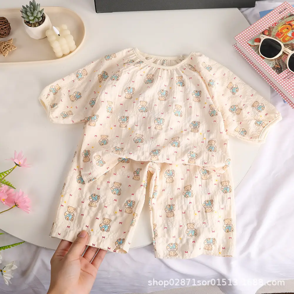 Summer Home Wear Set for Boys and Girls, Elastic Collar, Short-Sleeved Shorts, Pajamas, Breathable Two-Piece Set, Trendy and Breathable