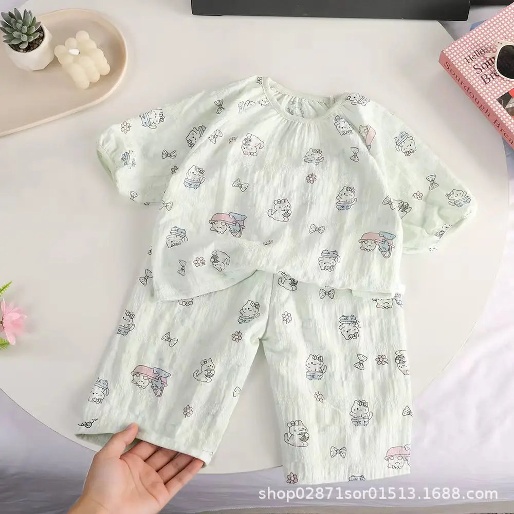 Summer Home Wear Set for Boys and Girls, Elastic Collar, Short-Sleeved Shorts, Pajamas, Breathable Two-Piece Set, Trendy and Breathable