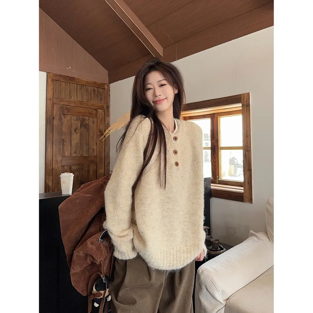 Henry Collar Knitted Sweater for Women in Autumn and Winter, Thickeneded and Warm Button Design, Long Sleeves, Fashionable Soft and Waxy Inner Layering Top