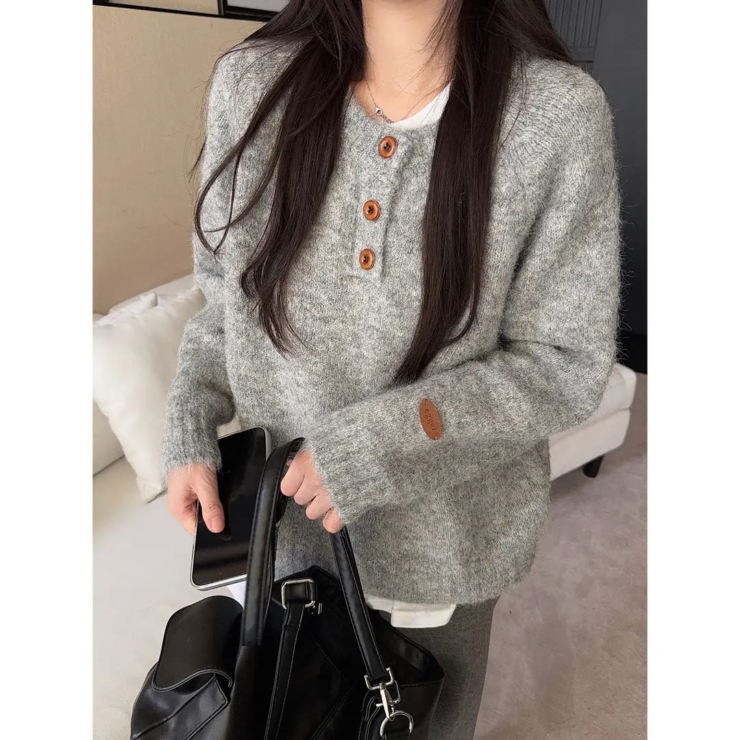 Henry Collar Knitted Sweater for Women in Autumn and Winter, Thickeneded and Warm Button Design, Long Sleeves, Fashionable Soft and Waxy Inner Layering Top