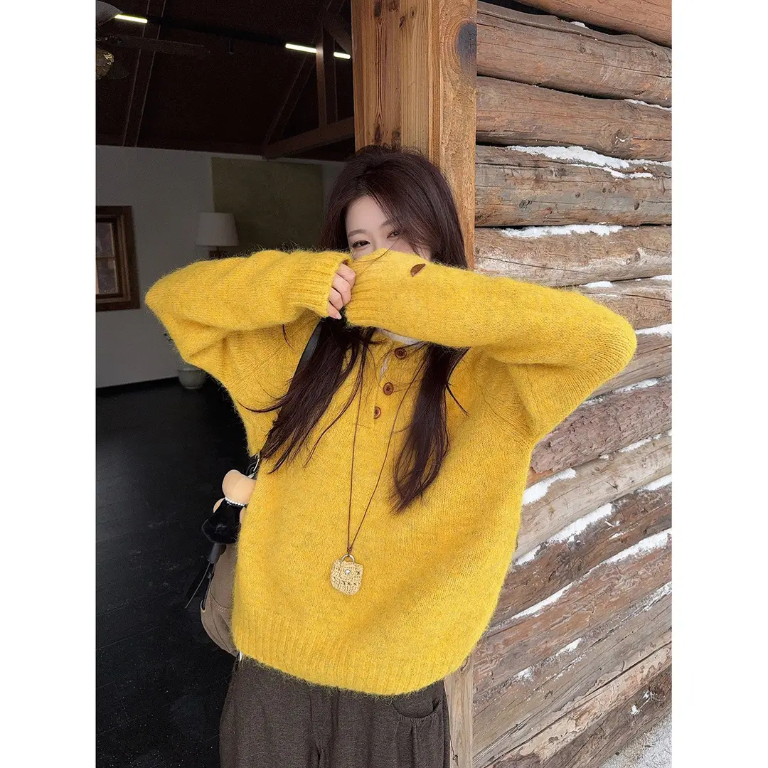 Henry Collar Knitted Sweater for Women in Autumn and Winter, Thickeneded and Warm Button Design, Long Sleeves, Fashionable Soft and Waxy Inner Layering Top