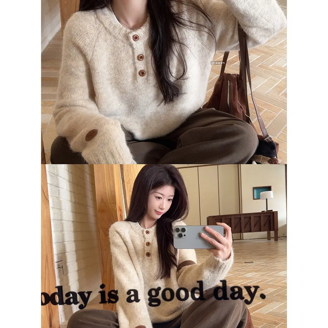 Henry Collar Knitted Sweater for Women in Autumn and Winter, Thickeneded and Warm Button Design, Long Sleeves, Fashionable Soft and Waxy Inner Layering Top