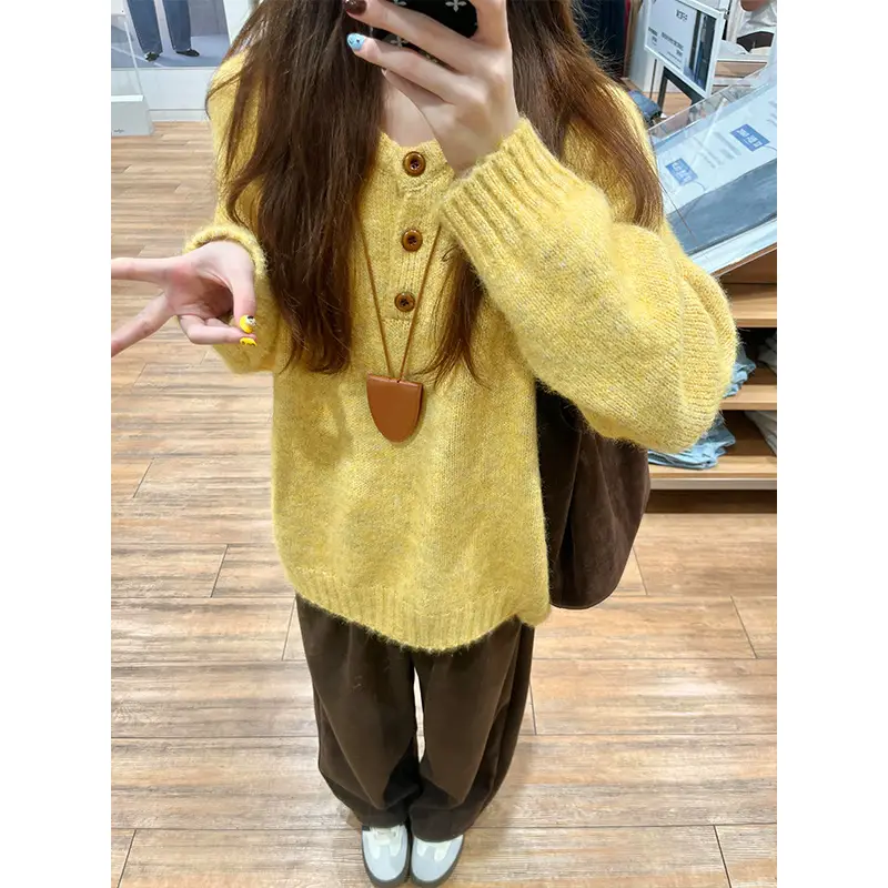 Henry Collar Knitted Sweater for Women in Autumn and Winter, Thickeneded and Warm Button Design, Long Sleeves, Fashionable Soft and Waxy Inner Layering Top