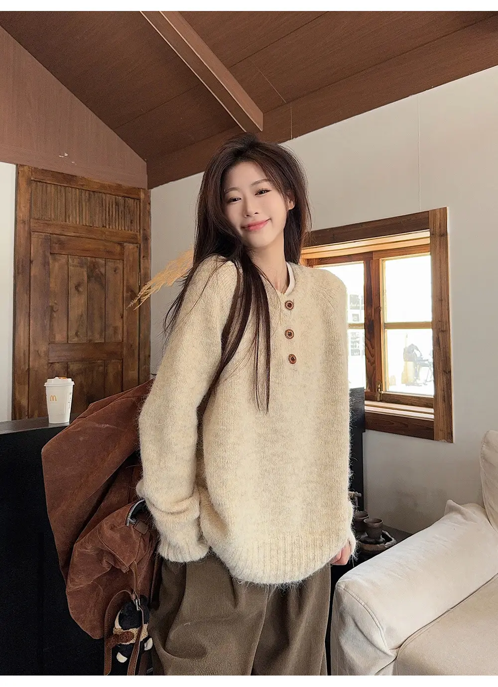 Henry Collar Knitted Sweater for Women in Autumn and Winter, Thickeneded and Warm Button Design, Long Sleeves, Fashionable Soft and Waxy Inner Layering Top — feature 3