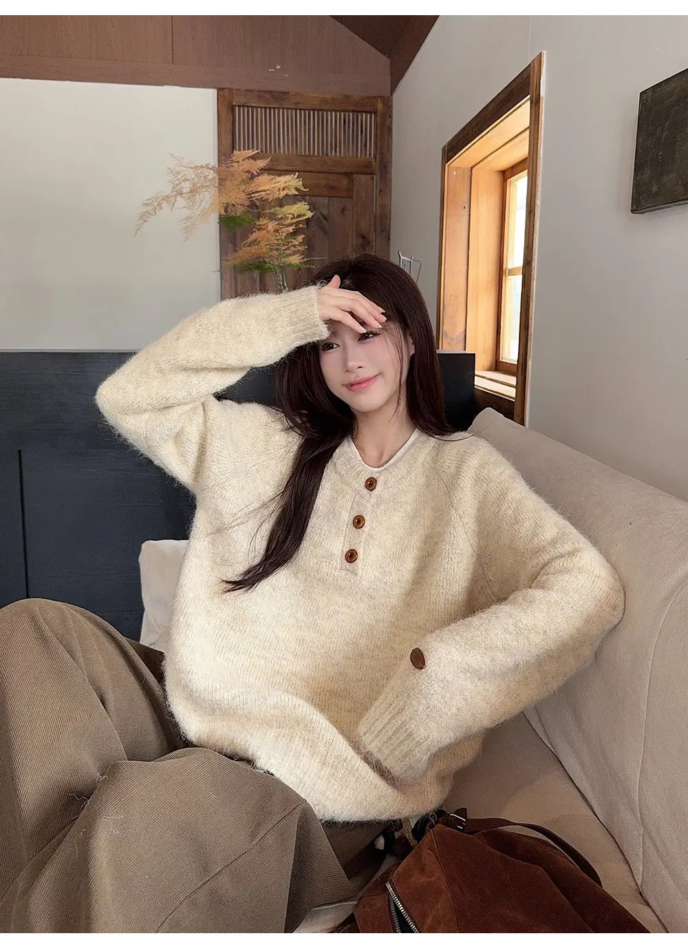 Henry Collar Knitted Sweater for Women in Autumn and Winter, Thickeneded and Warm Button Design, Long Sleeves, Fashionable Soft and Waxy Inner Layering Top — feature 5