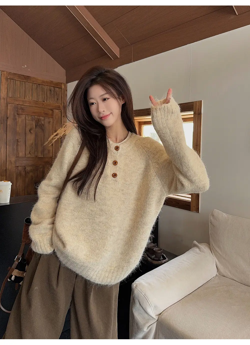 Henry Collar Knitted Sweater for Women in Autumn and Winter, Thickeneded and Warm Button Design, Long Sleeves, Fashionable Soft and Waxy Inner Layering Top — feature 6
