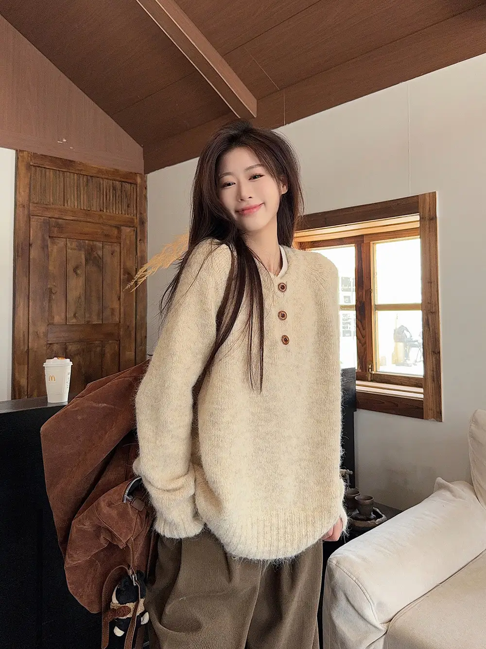 Henry Collar Knitted Sweater for Women in Autumn and Winter, Thickeneded and Warm Button Design, Long Sleeves, Fashionable Soft and Waxy Inner Layering Top