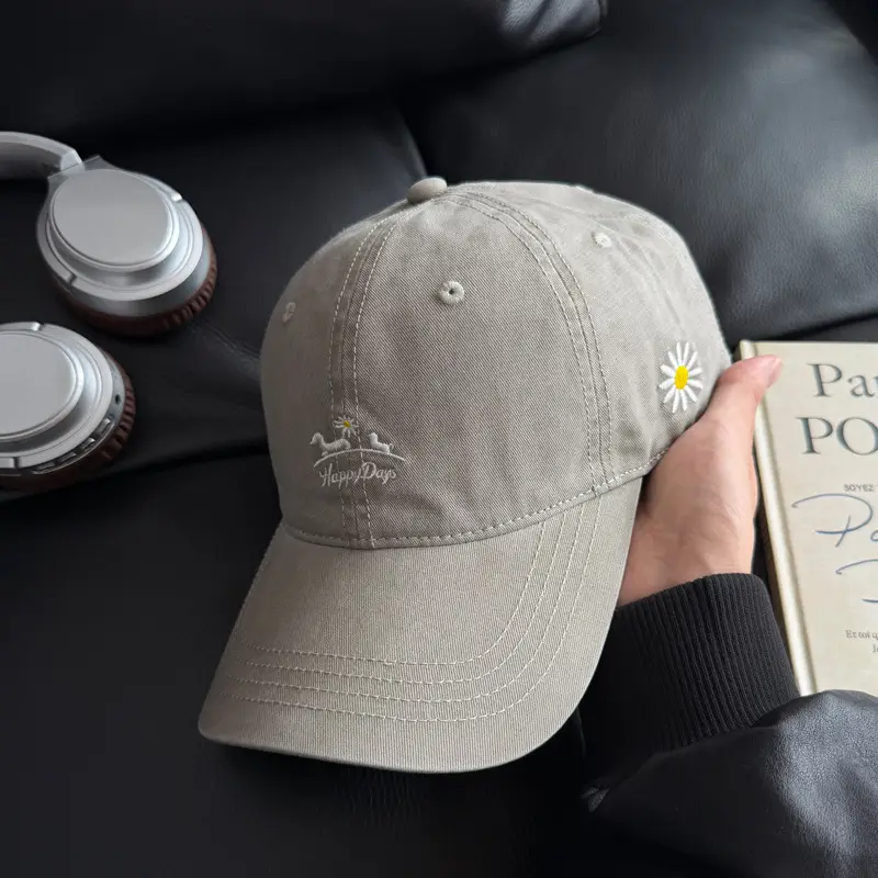 Gray Daisy Embroidered Duckbill Cap for Women