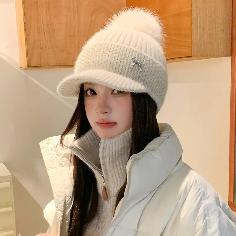 White Knitted Peaked Cap with Pom Pom & Bow Knot - Image 5