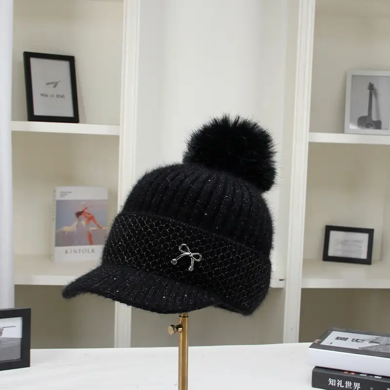 White Knitted Peaked Cap with Pom Pom & Bow Knot - Image 6
