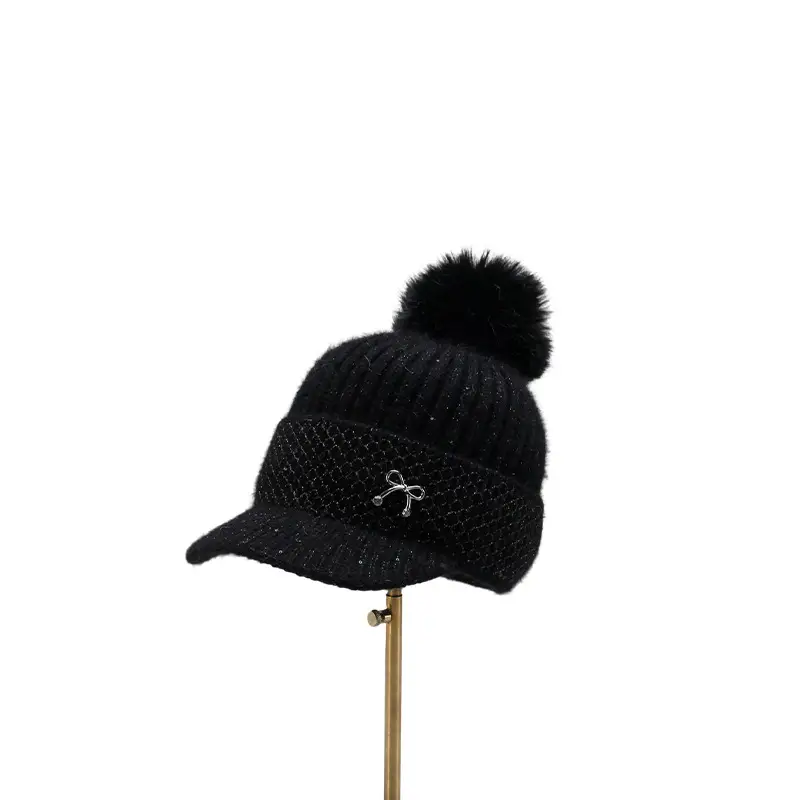 White Knitted Peaked Cap with Pom Pom & Bow Knot - Image 8