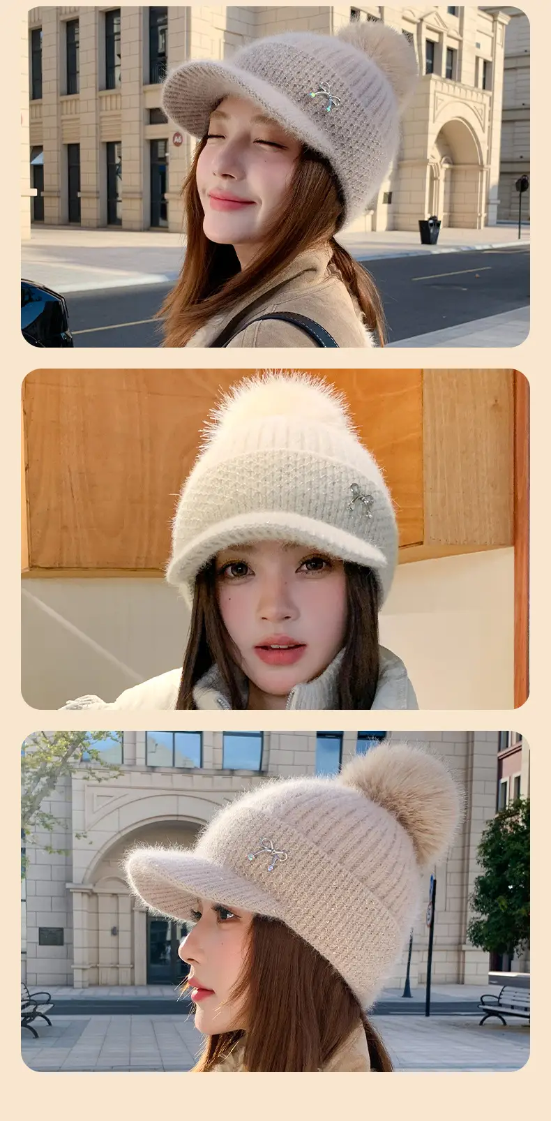White Knitted Peaked Cap with Pom Pom & Bow Knot — feature 12