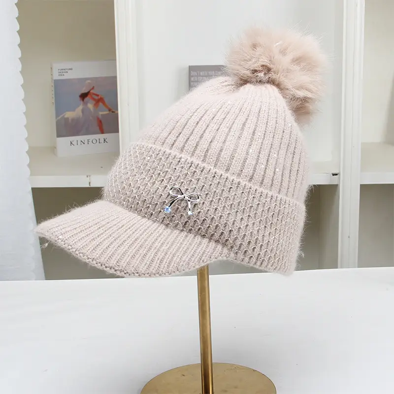 White Knitted Peaked Cap with Pom Pom & Bow Knot - Image 3