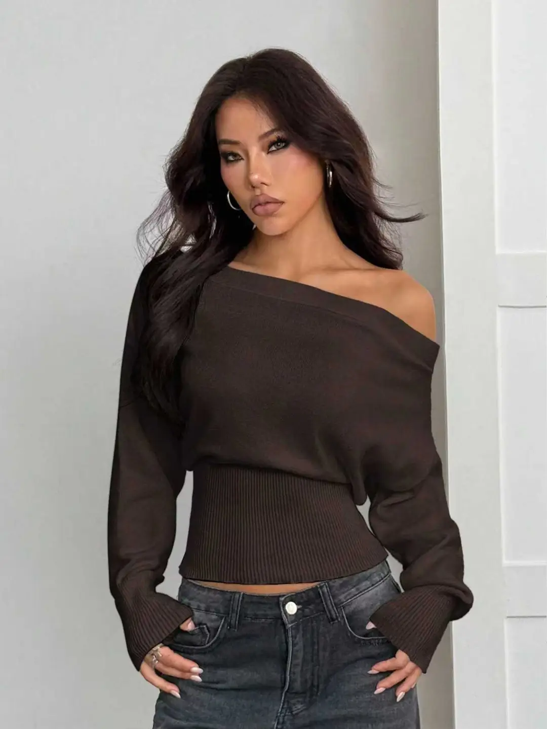 Lazy Style Loose Off-Shoulder Design Knitted Top Women's Autumn and Winter New High-Waist Slim One-Line Collar Sweater
