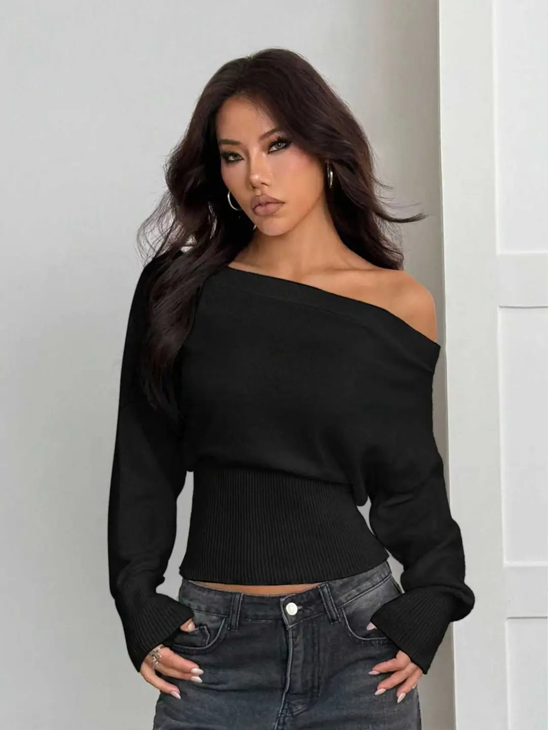Lazy Style Loose Off-Shoulder Design Knitted Top Women's Autumn and Winter New High-Waist Slim One-Line Collar Sweater — feature 9