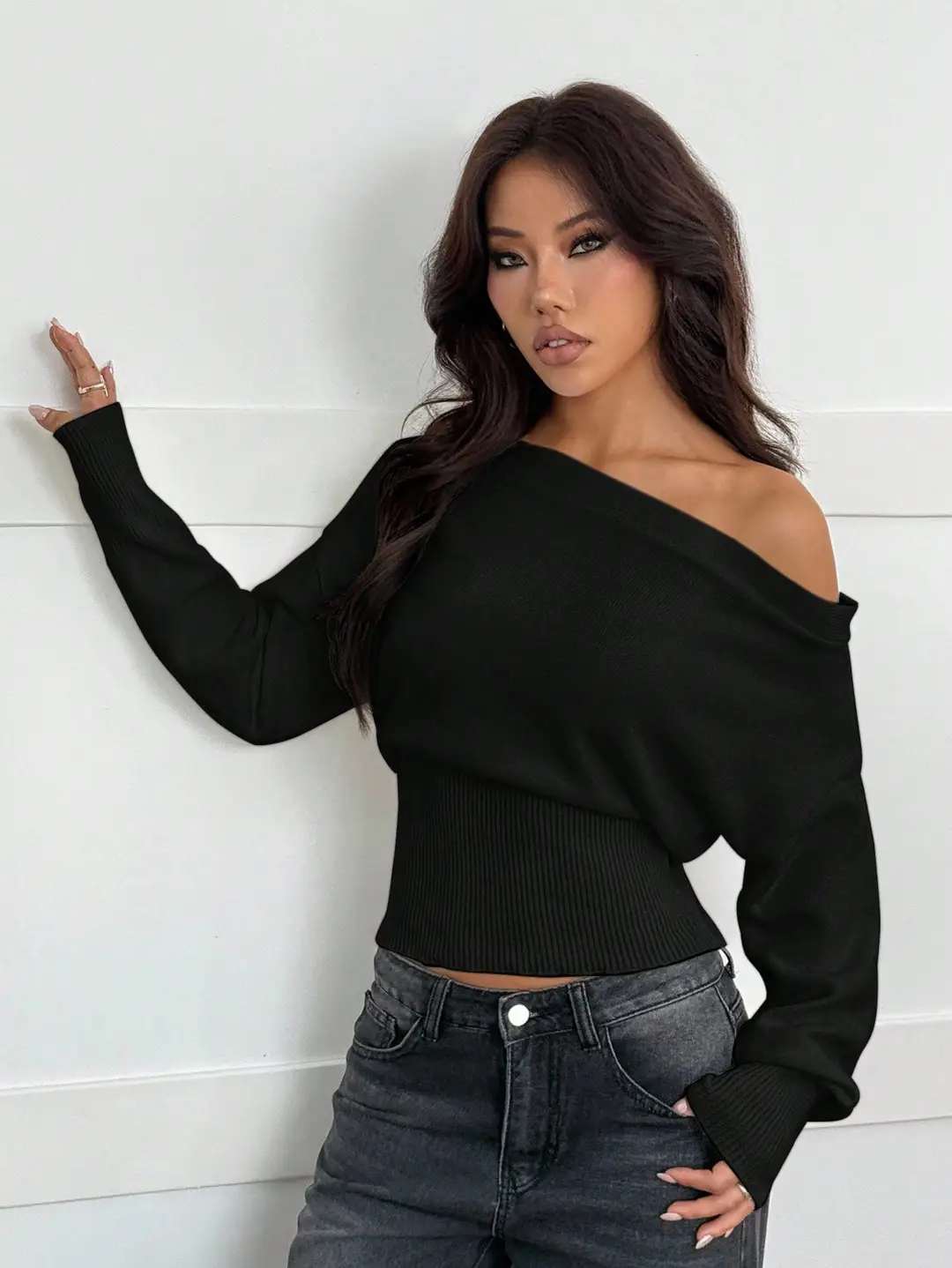 Lazy Style Loose Off-Shoulder Design Knitted Top Women's Autumn and Winter New High-Waist Slim One-Line Collar Sweater — feature 12