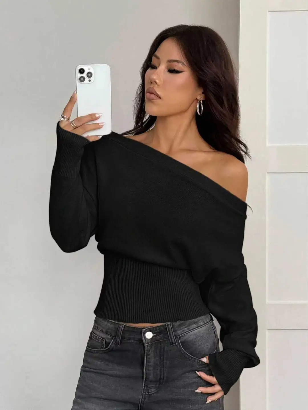 Lazy Style Loose Off-Shoulder Design Knitted Top Women's Autumn and Winter New High-Waist Slim One-Line Collar Sweater — feature 13
