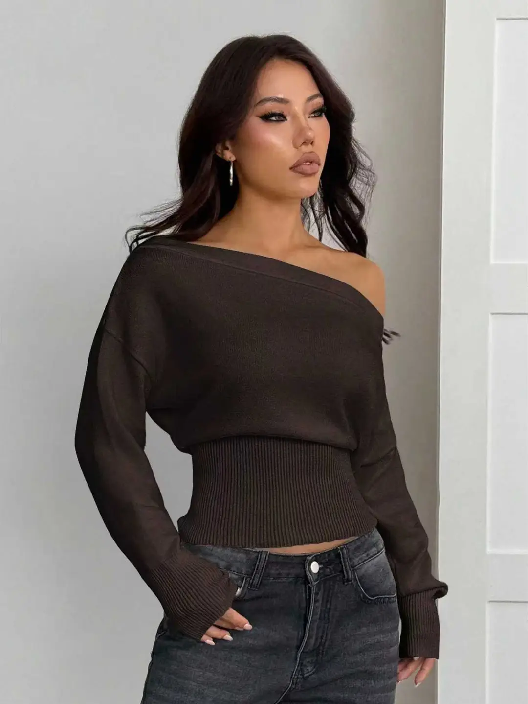 Lazy Style Loose Off-Shoulder Design Knitted Top Women's Autumn and Winter New High-Waist Slim One-Line Collar Sweater — feature 18