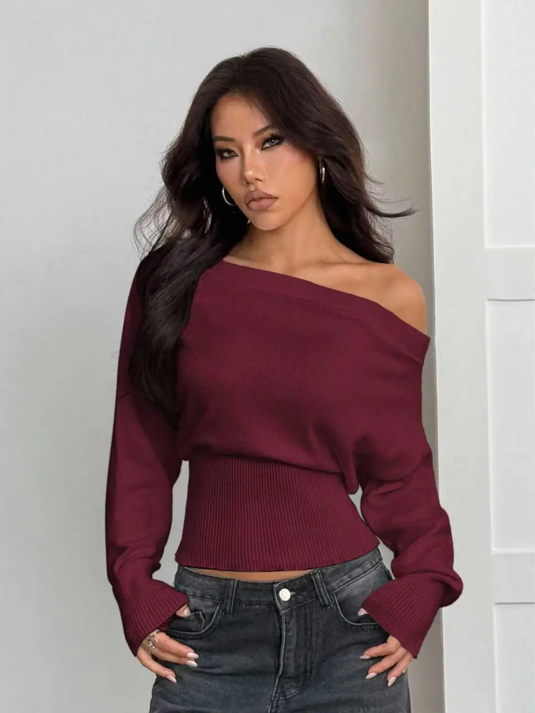 Lazy Style Loose Off-Shoulder Design Knitted Top Women's Autumn and Winter New High-Waist Slim One-Line Collar Sweater — feature 20