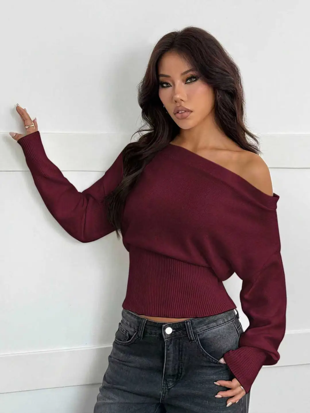 Lazy Style Loose Off-Shoulder Design Knitted Top Women's Autumn and Winter New High-Waist Slim One-Line Collar Sweater — feature 22