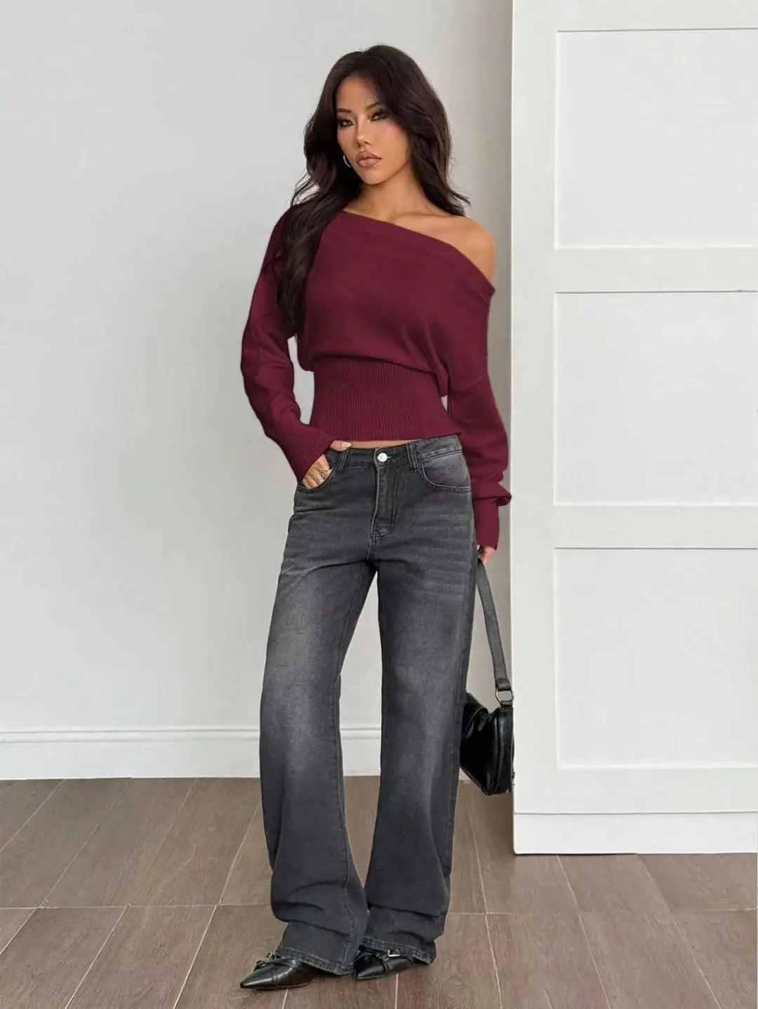 Lazy Style Loose Off-Shoulder Design Knitted Top Women's Autumn and Winter New High-Waist Slim One-Line Collar Sweater — feature 23
