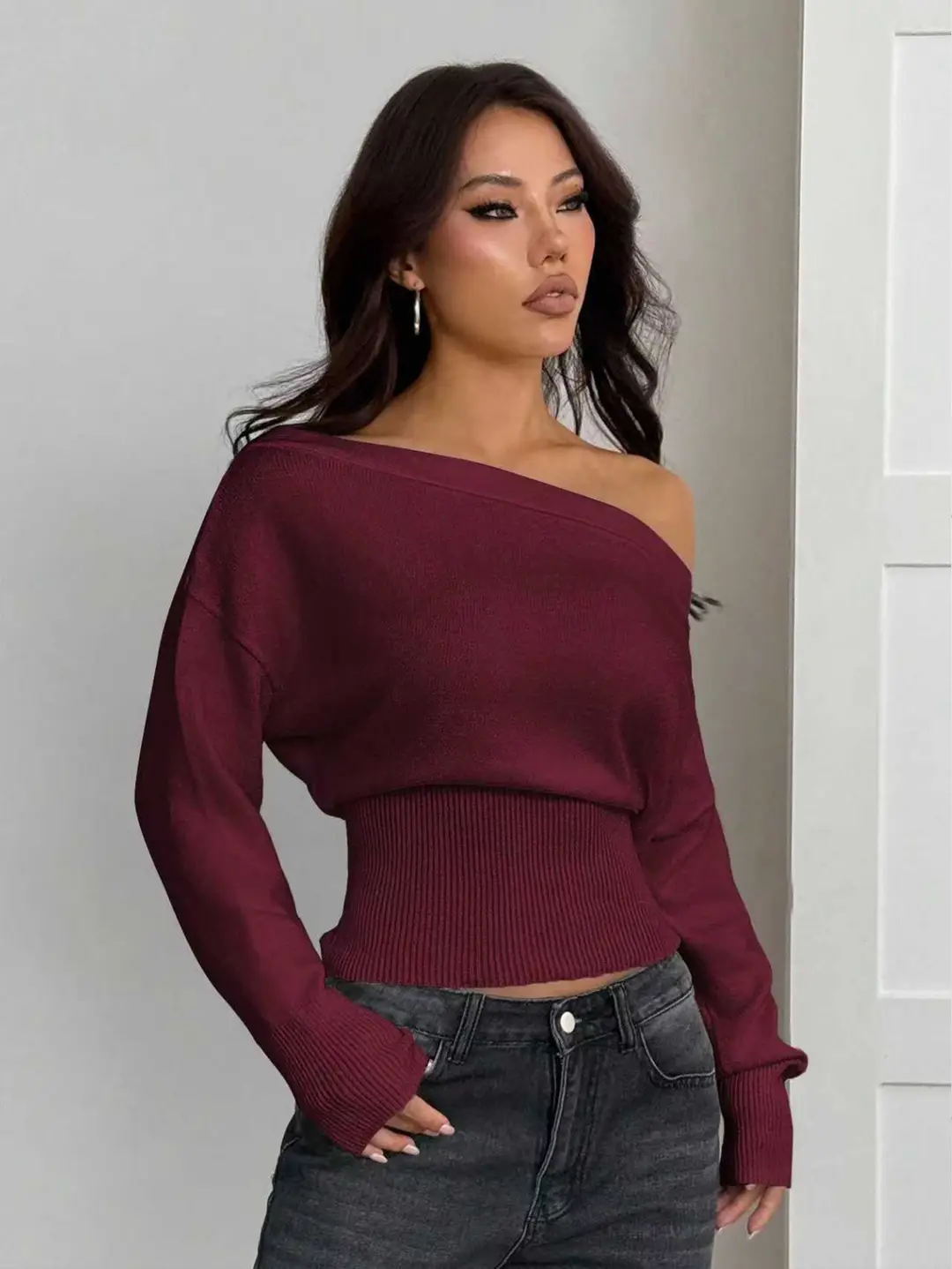 Lazy Style Loose Off-Shoulder Design Knitted Top Women's Autumn and Winter New High-Waist Slim One-Line Collar Sweater — feature 24