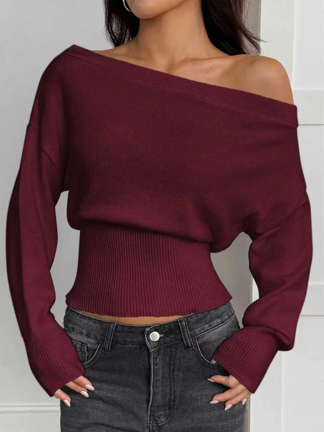 Lazy Style Loose Off-Shoulder Design Knitted Top Women's Autumn and Winter New High-Waist Slim One-Line Collar Sweater — feature 25