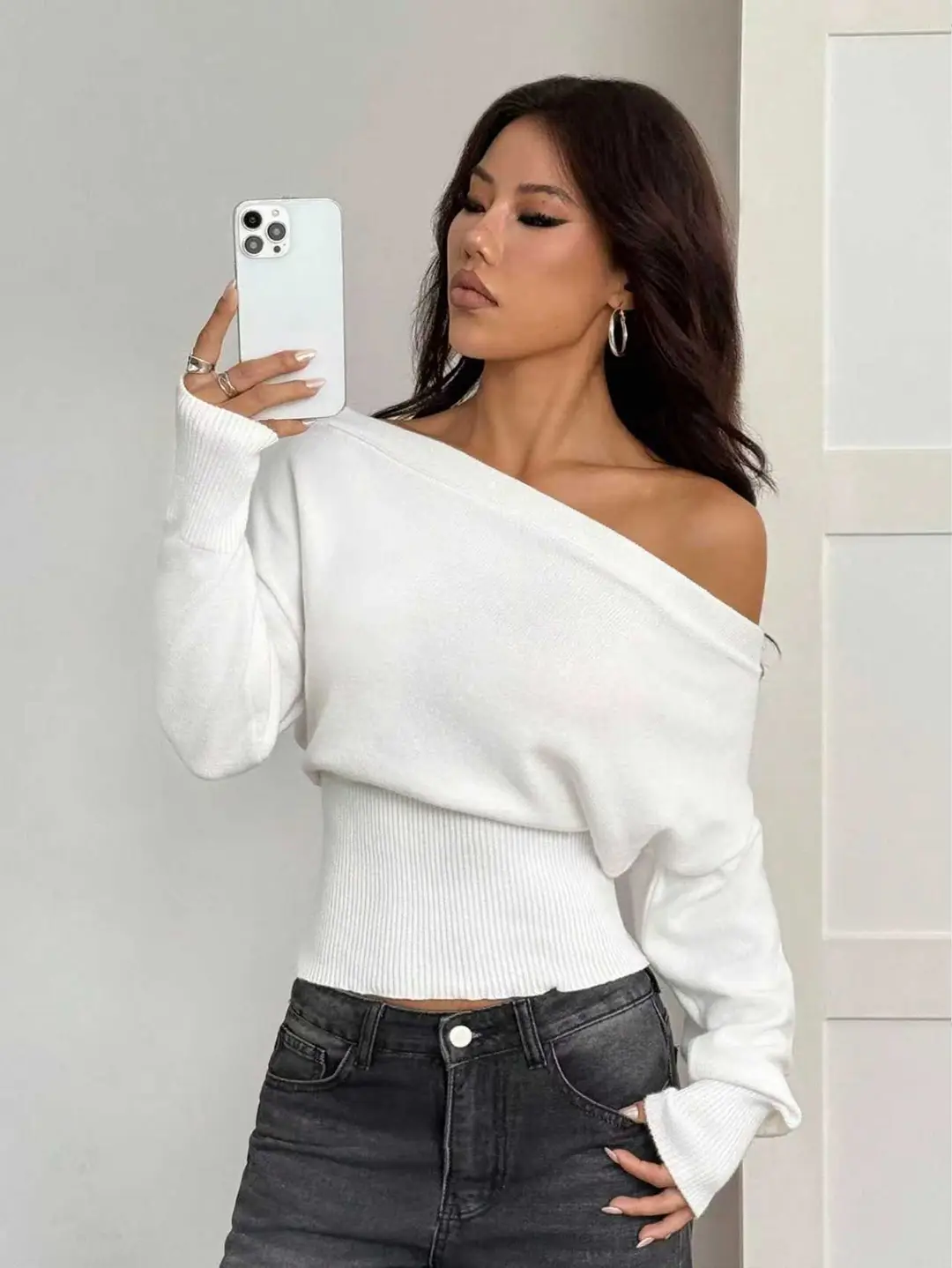 Lazy Style Loose Off-Shoulder Design Knitted Top Women's Autumn and Winter New High-Waist Slim One-Line Collar Sweater — feature 8