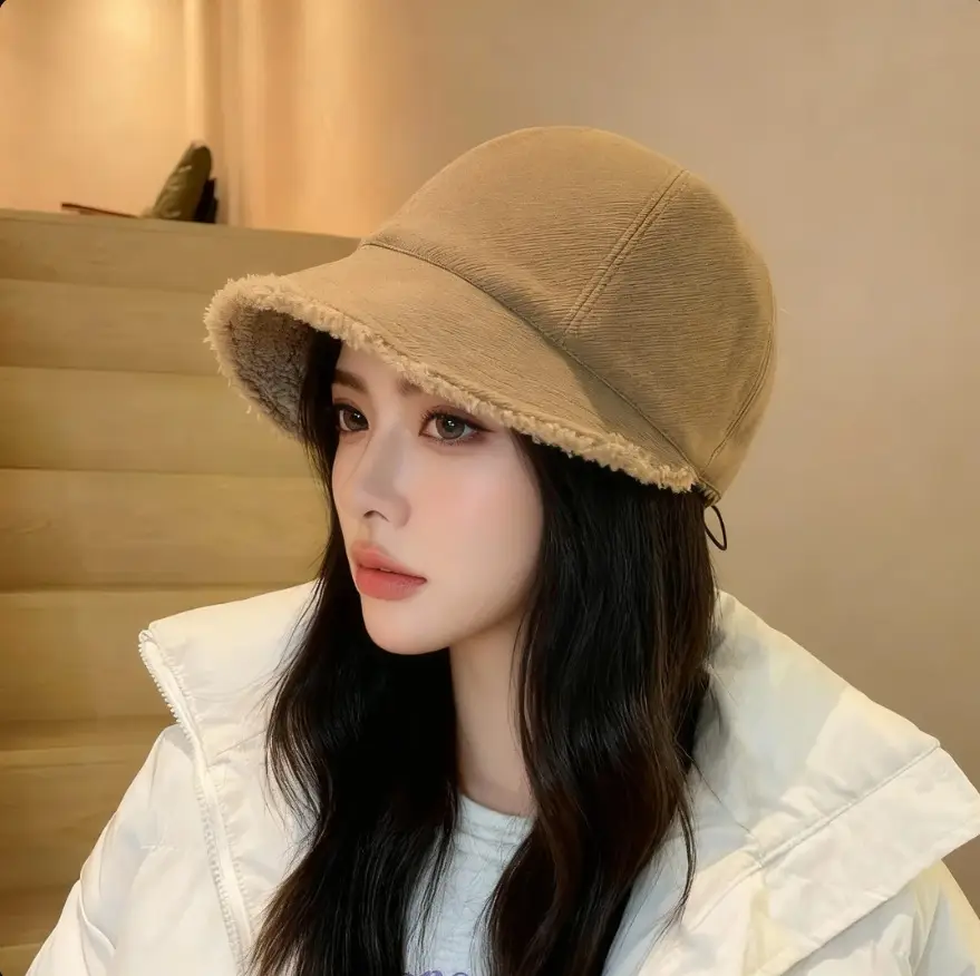 2025 Lamb Wool Bucket Hat Warm Face-Slimming Short-Brimmed - Image 7